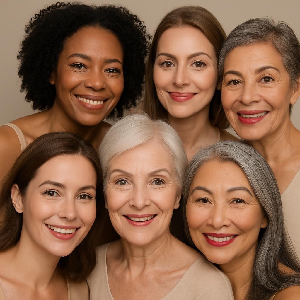 women ages 30 to 80 with natural looking hairstroke and shaded tattoo eyebrows, lash enhascement and thin to thicker eyeliner, natural tyo boldly colored tattoo lip color